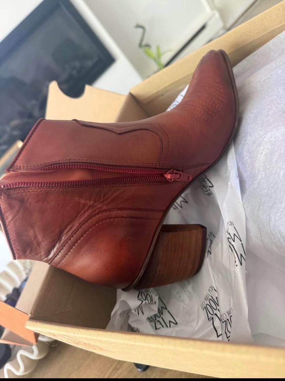 Miz Mooz Russet Leather Zip Ankle Booties
